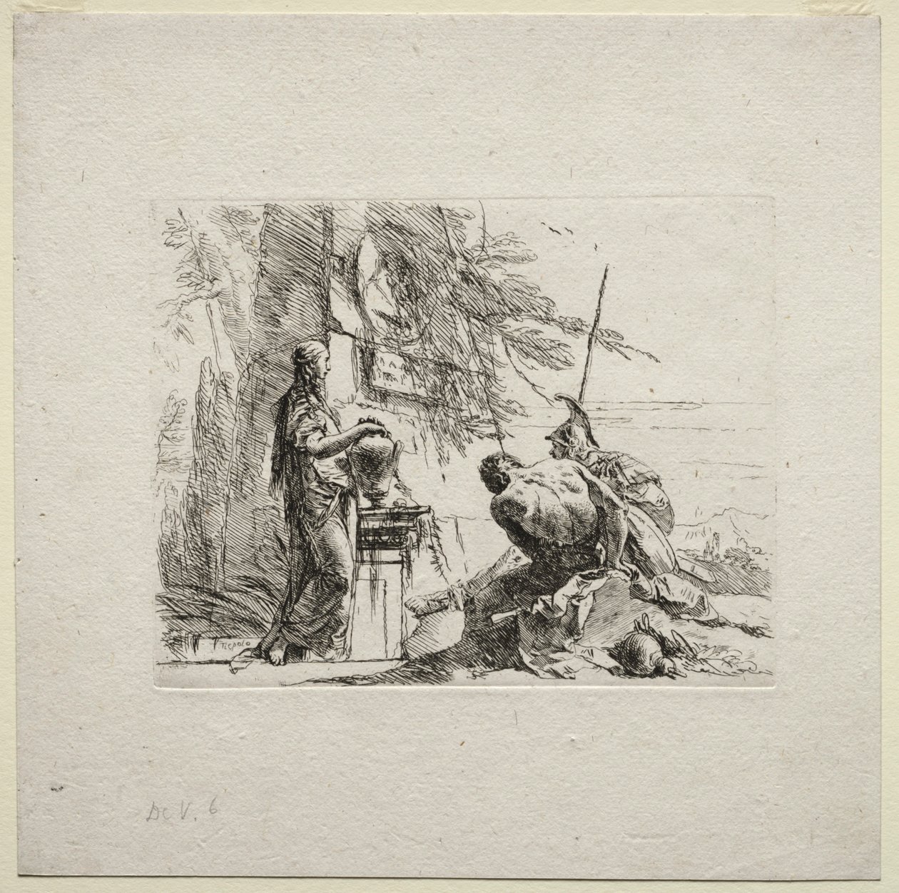Ulike caprices: Kvinnen som står med hendene på en vase, 1785. av Giovanni-Battista Tiepolo