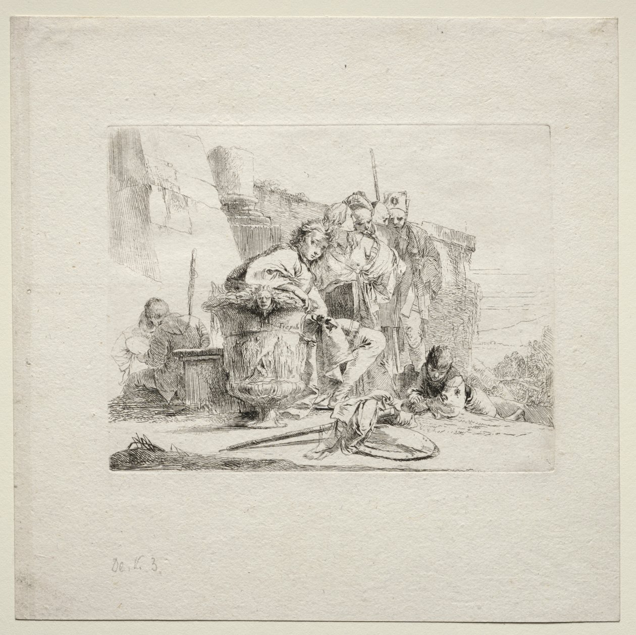 Ulike caprices: Den unge mannen sitter, lener seg mot en urne av Giovanni Battista Tiepolo