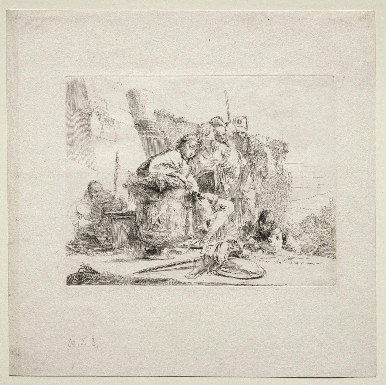 Ulike caprices: Den unge mannen sittende, lener seg mot en urne, 1785. av Giovanni Battista Tiepolo