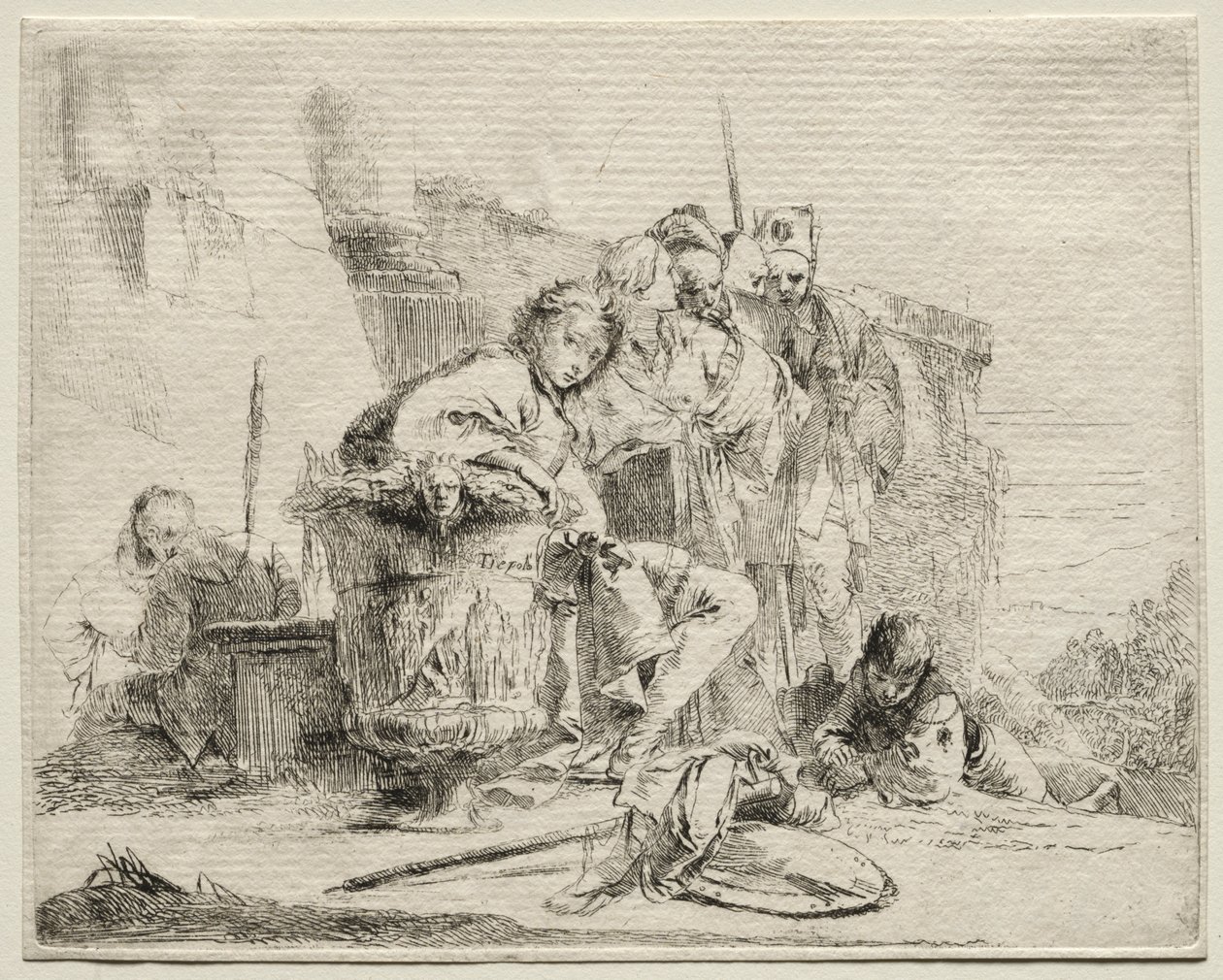 Ulike caprices: Ung mann sitter, lener seg mot en urne av Giovanni Battista Tiepolo