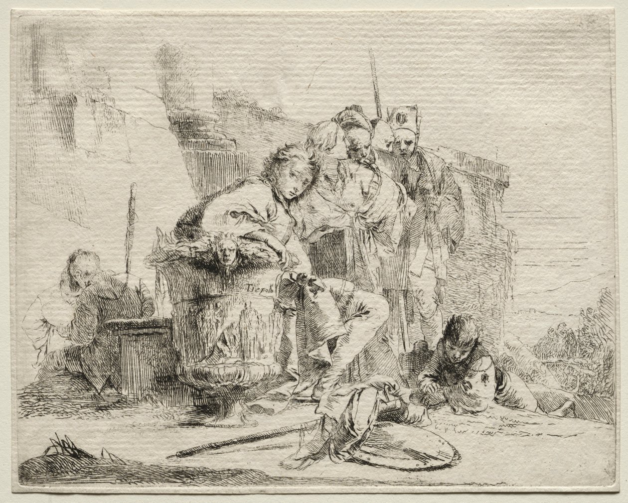 Ulike caprices: Ung mann sitter, lener seg mot en urne. av Giovanni Battista Tiepolo