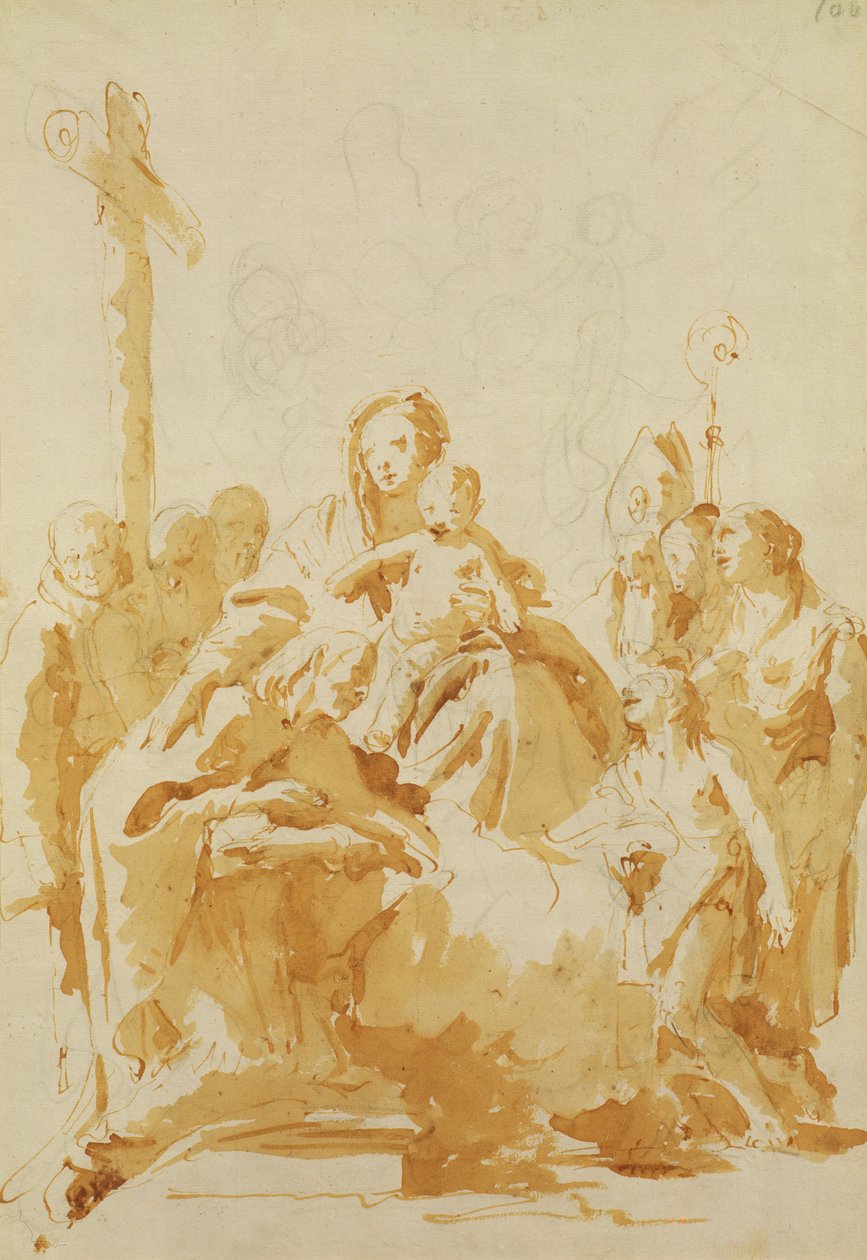 Jomfru og barn tilbedt av biskoper, munker og kvinner, 1735-40 (penn og brunt blekk med brun vask over svart kritt på lagt papir) av Giovanni Battista Tiepolo