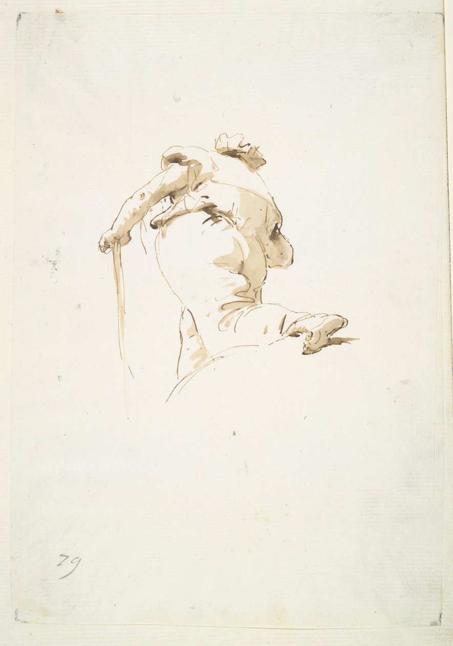 Vandrende mannsfigur sett skrått nedenfra av Giovanni Battista Tiepolo