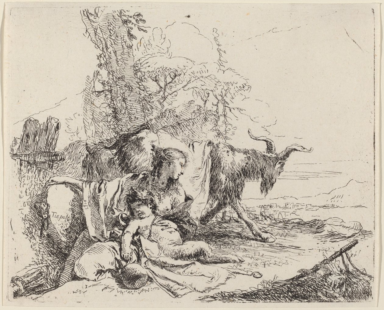 Kvinne, Satyrbarn og geit i et landskap av Giovanni Battista Tiepolo
