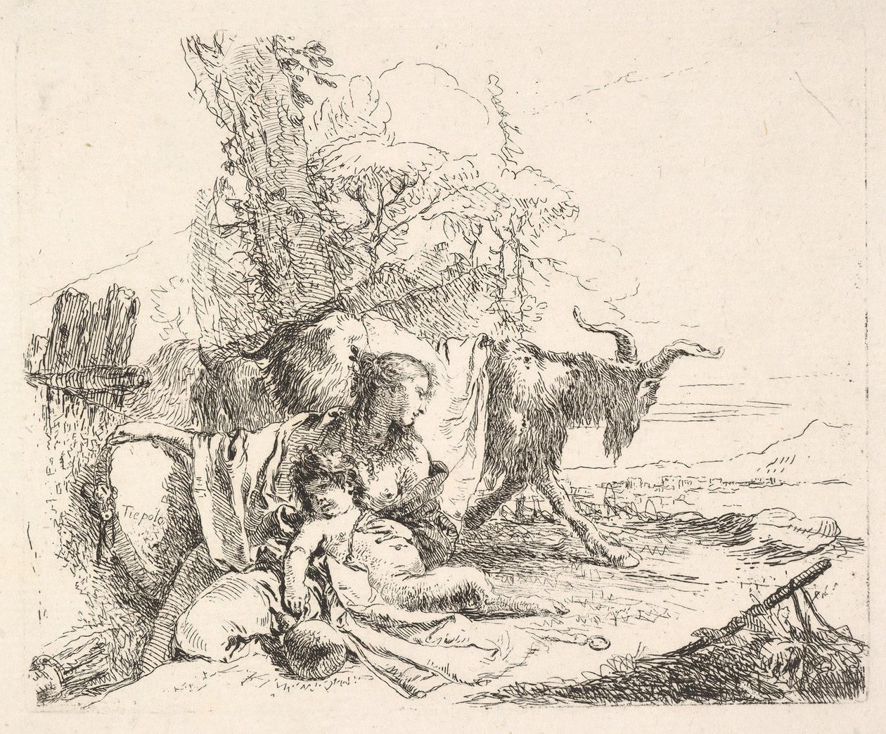 Kvinne og spedbarn satyr i et landskap, kvinnen vrir seg for å se over det venstre sko..., ca. 1740-42. av Giovanni Battista Tiepolo