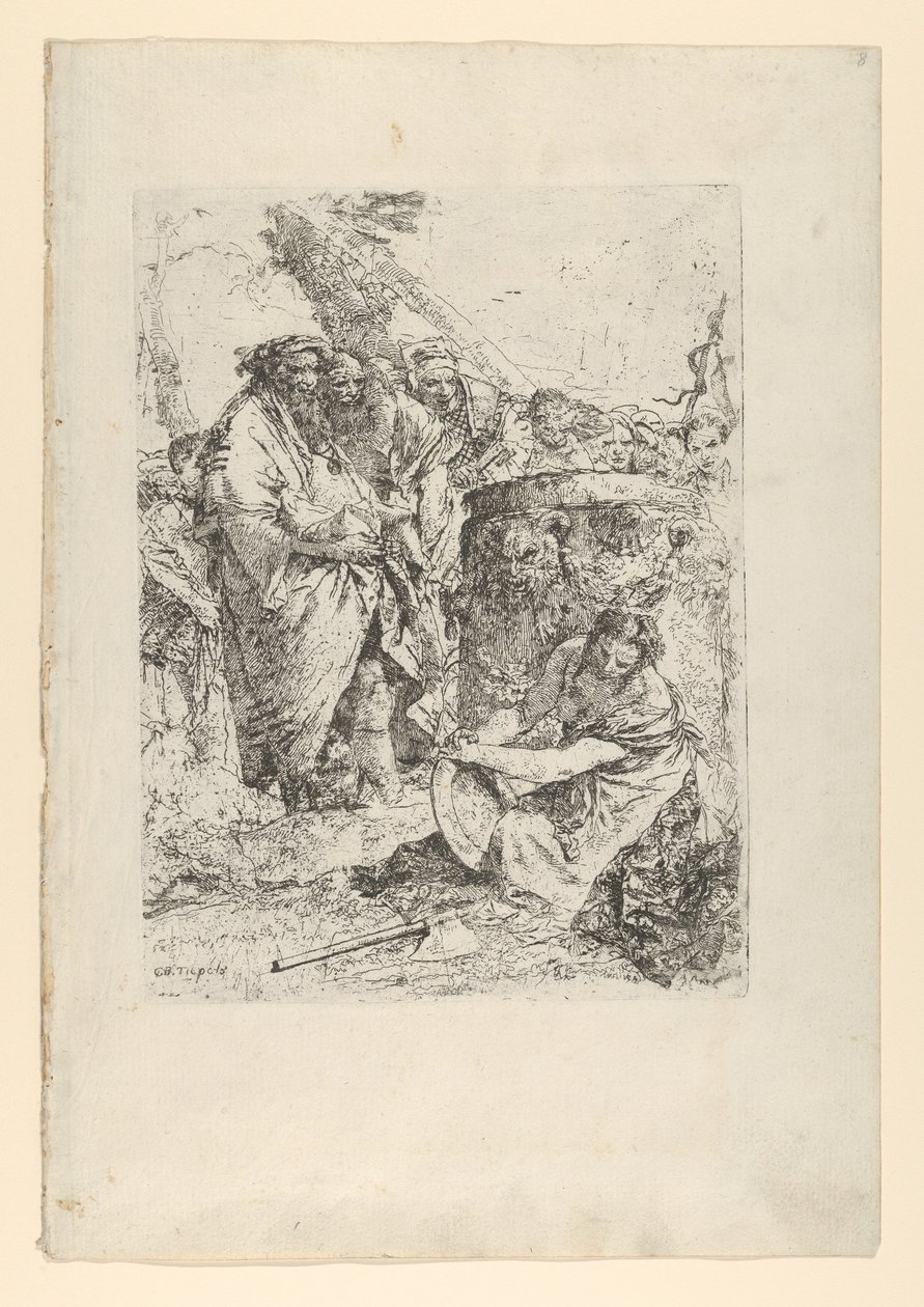 Kvinne som kneler foran tryllekunstnere og andre skikkelser, fra Scherzi, ca. 1743-50. av Giovanni Battista Tiepolo