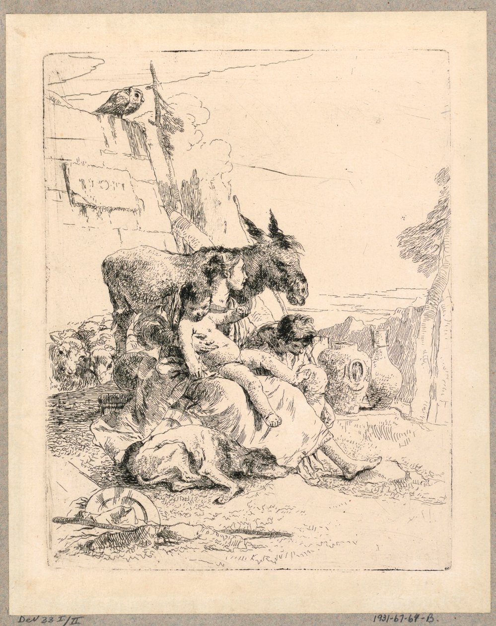 Kvinne med to barn og et esel, tallerken 21 fra Scherzi di Fantasia av Giovanni Battista Tiepolo