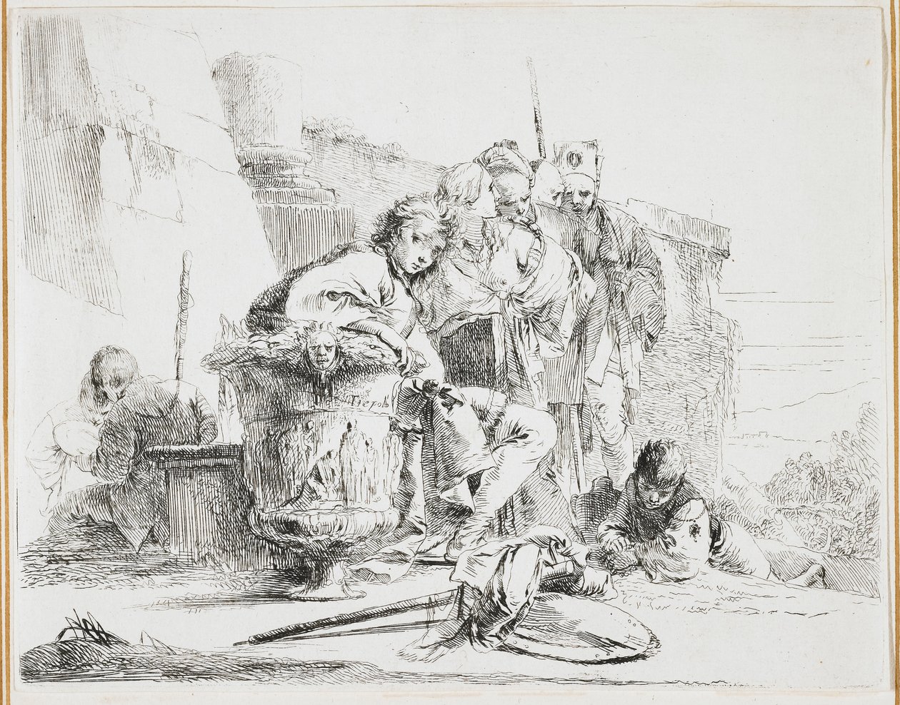 Ung mann sitter, lener seg mot en urne, tallerken fra Vari Capricci (Various Caprices), 1740-tallet av Giovanni Battista Tiepolo