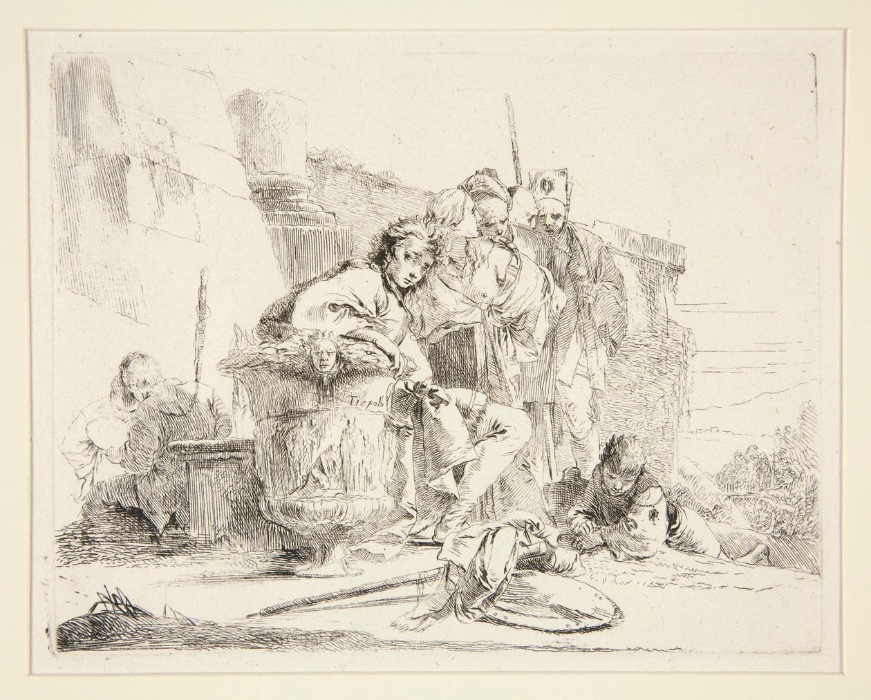 Ung mann sitter og lener seg på en urne, fra serien Vari Capricci av Giovanni Battista Tiepolo