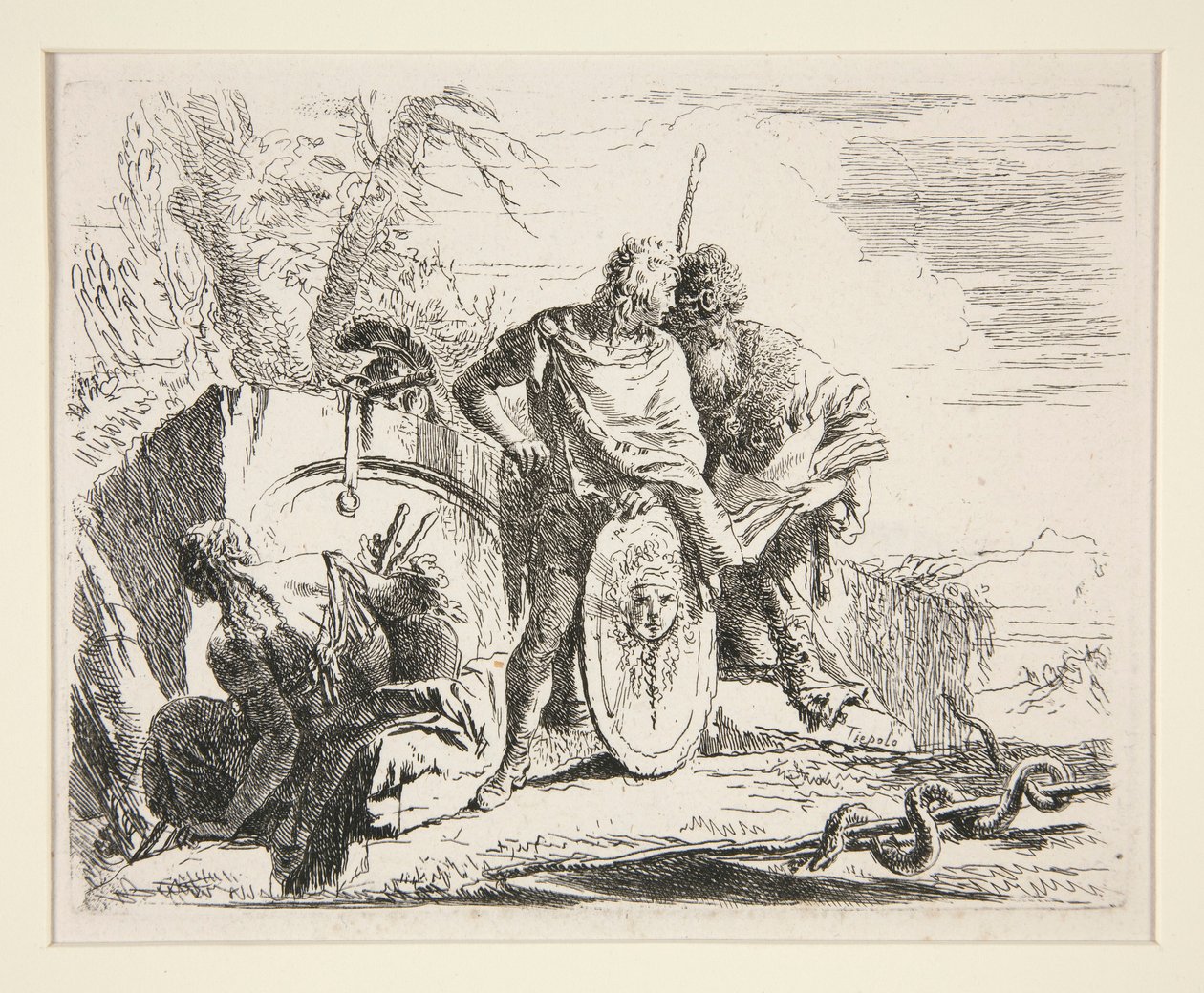 Ung soldat med filosof og sittende kvinne, fra serien Vari Capricci av Giovanni Battista Tiepolo