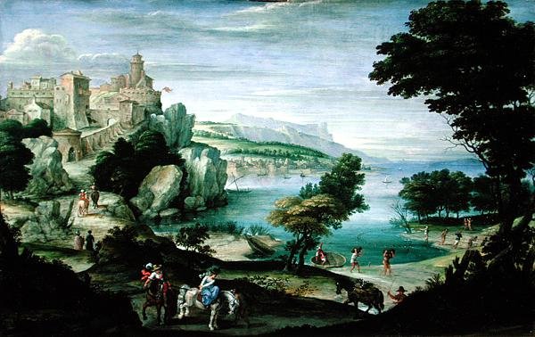 Strand med et slott (olje på panel) av Giovanni Battista Viola