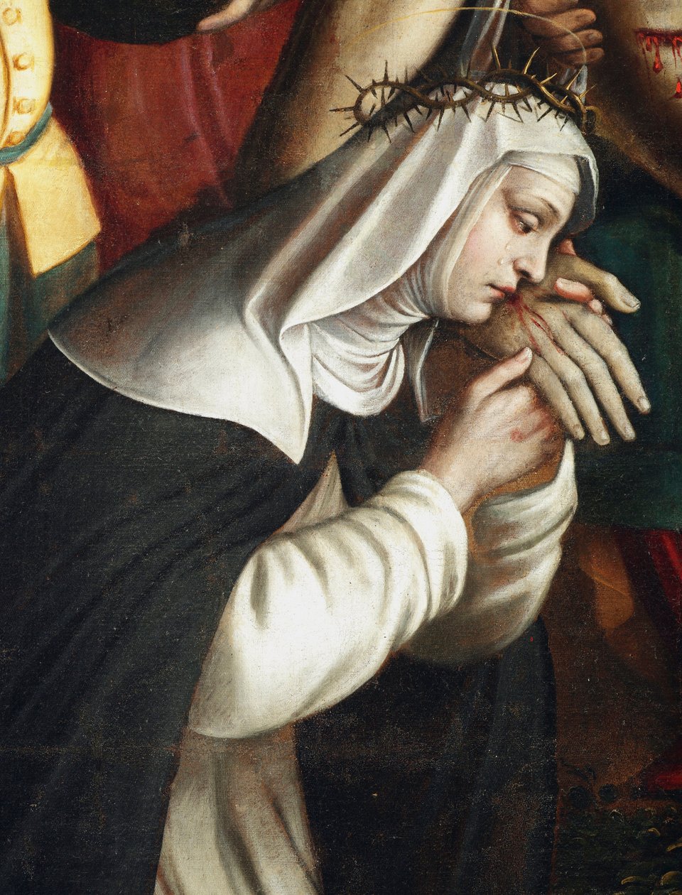 La deposition Detail representant Saint Catherine of Siena - (Detalj av deponeringen som viser St Catherine of Siena) Maleri av Giovanni Battista Secco dit il Caravaggino (aktiv 1572-1625) 1616 Kapellet i Santa Corona, Basilica di Santa Maria delle Grazi av Giovanni Battista called Caravaggino Secco
