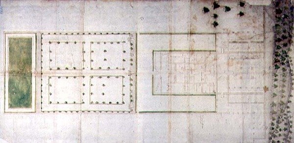 Plan av Medici-villaen på Agnano (penn og blekk, vask på papir) av Giovanni Battista da Sangallo