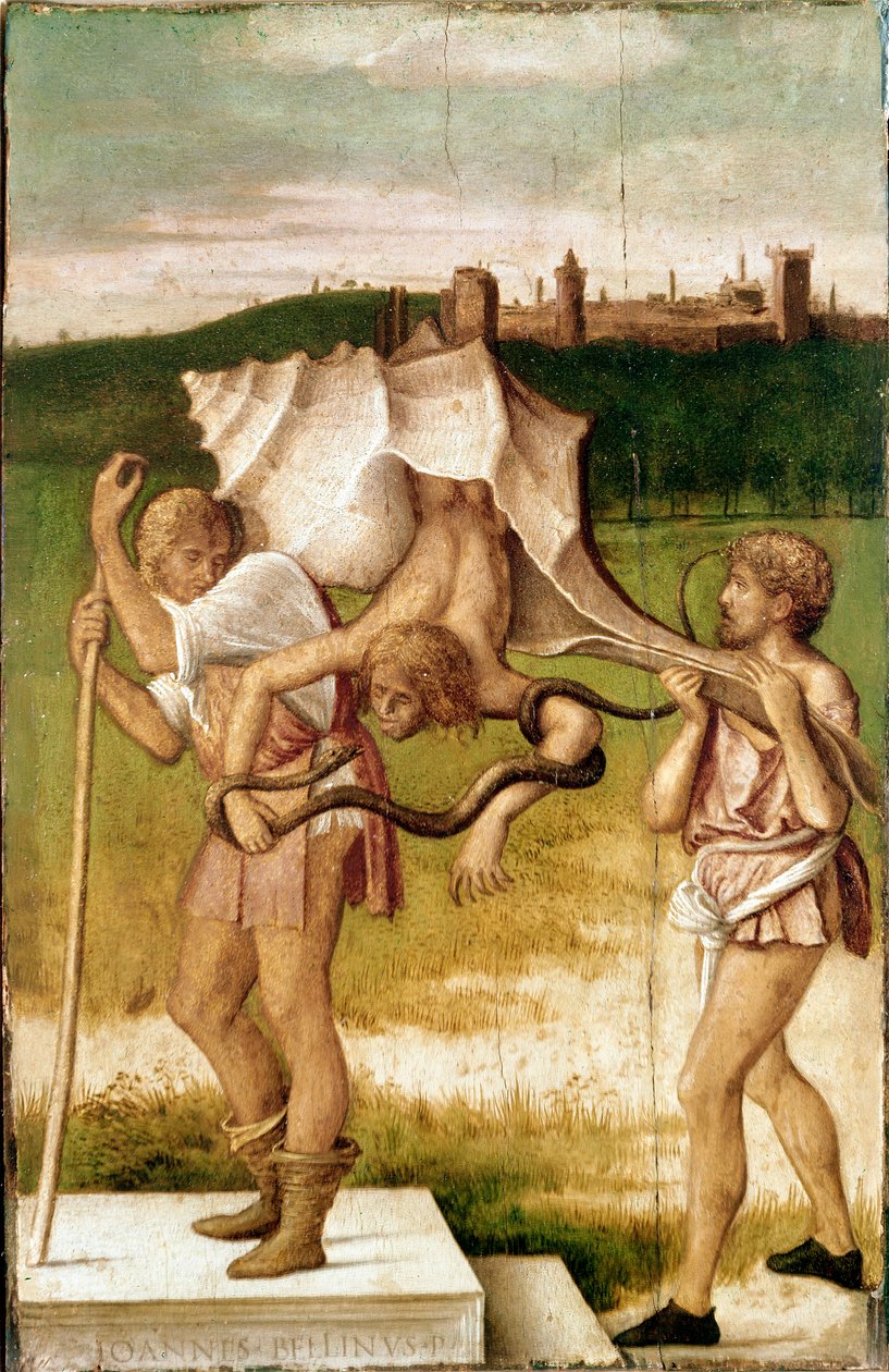 Allegori om medisance eller misunnelse En karakter av et gigantisk skjell, en slange slynger seg rundt armen, Tremaleri av Giovanni Bellini dit Giambellino (1425/1433-1516) 1480-1490 Venezia, Gallerie dell