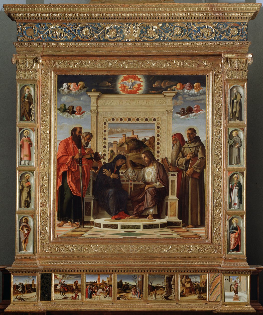 Altertavle Bellini: sentral del "" kroning av Jomfruen mellom Saint Peter og Saint Paul (til venstre) og Saint Hieronymus og Saint Francois av Assisi (høyre)"" Oljemaleri og remp av Giovanni Bellini (rundt 1432-1516) sa il Giambellino. 1475 ca. Su av Giovanni Bellini