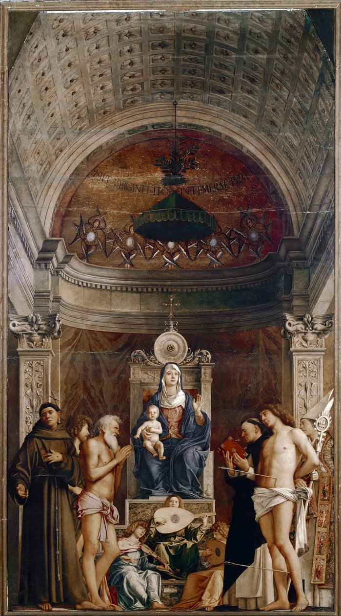 Altertavle av Saint Job: Virgin and Child with Six Saints and Musicians Angels (tempera på panel, ca. 1487) av Giovanni Bellini