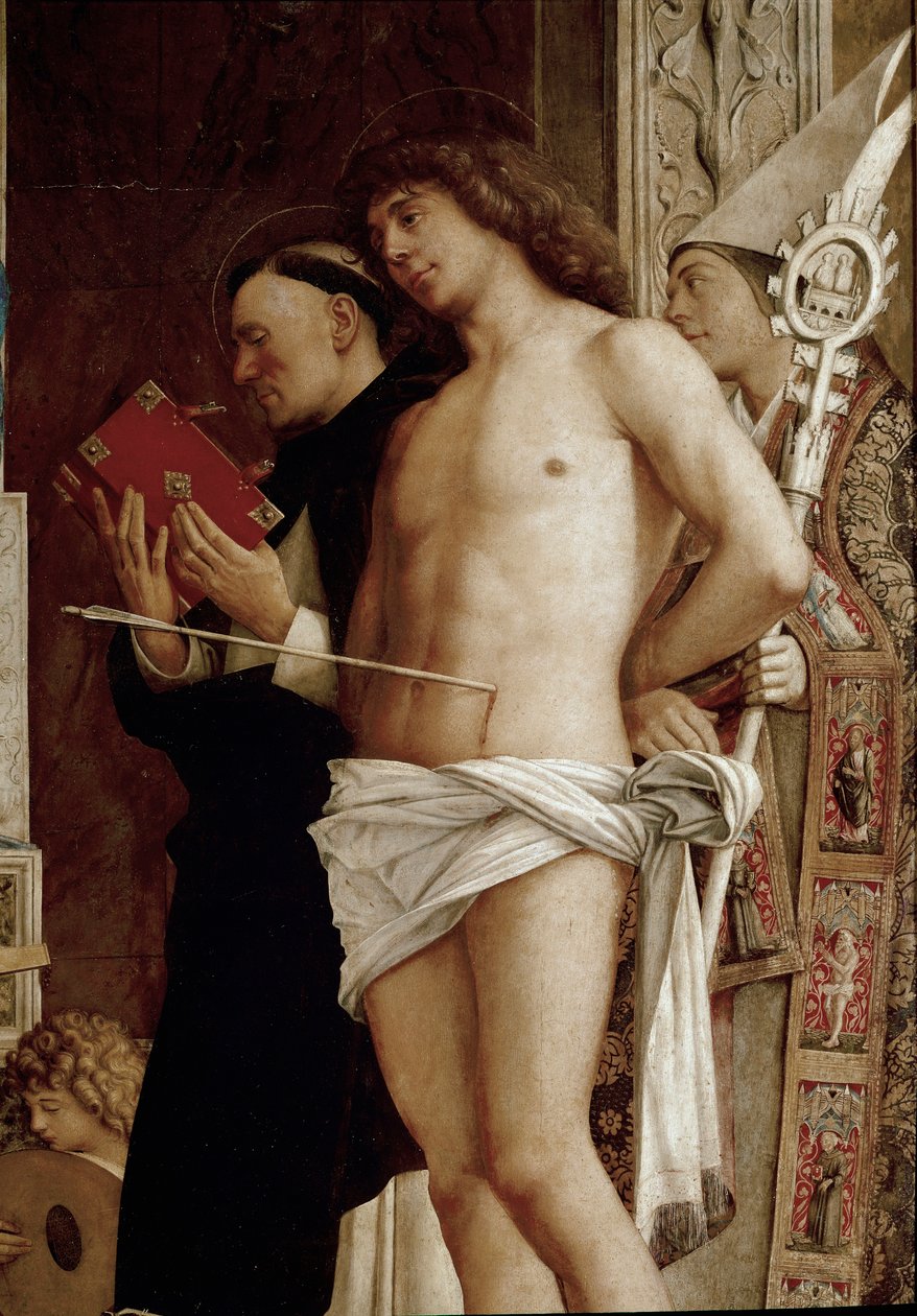 Altertavle av Saint Job: Jomfru og barn med seks hellige og musikere engler. Detalj (tempera på panel, ca. 1487) av Giovanni Bellini