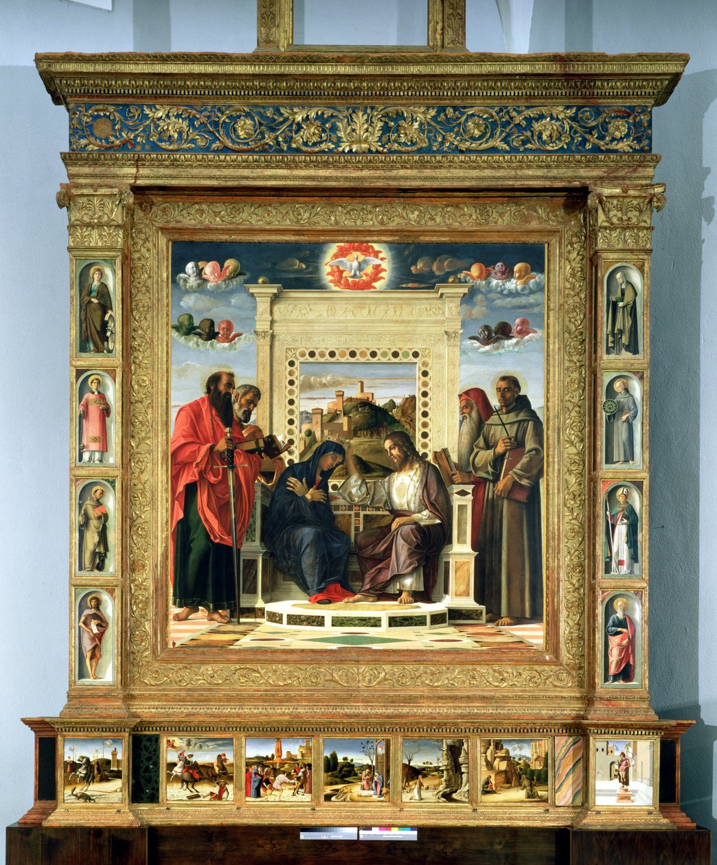 Kroning av jomfruen med SS. Paul, Peter, Hieronymus og Frans av Assisi med scener fra de helliges liv i predella-panelet, kjent som Pala di Pesaro-altertavlen, ca. 1474 (olje på panel) av Giovanni Bellini