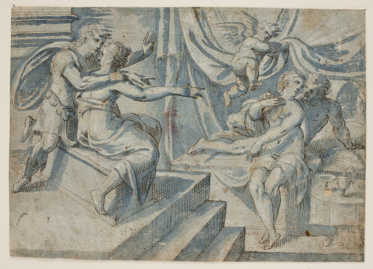 Et kjærestepar på en seng blir avslørt av en putto til en romersk soldat og hans kone av Giovanni Bellini