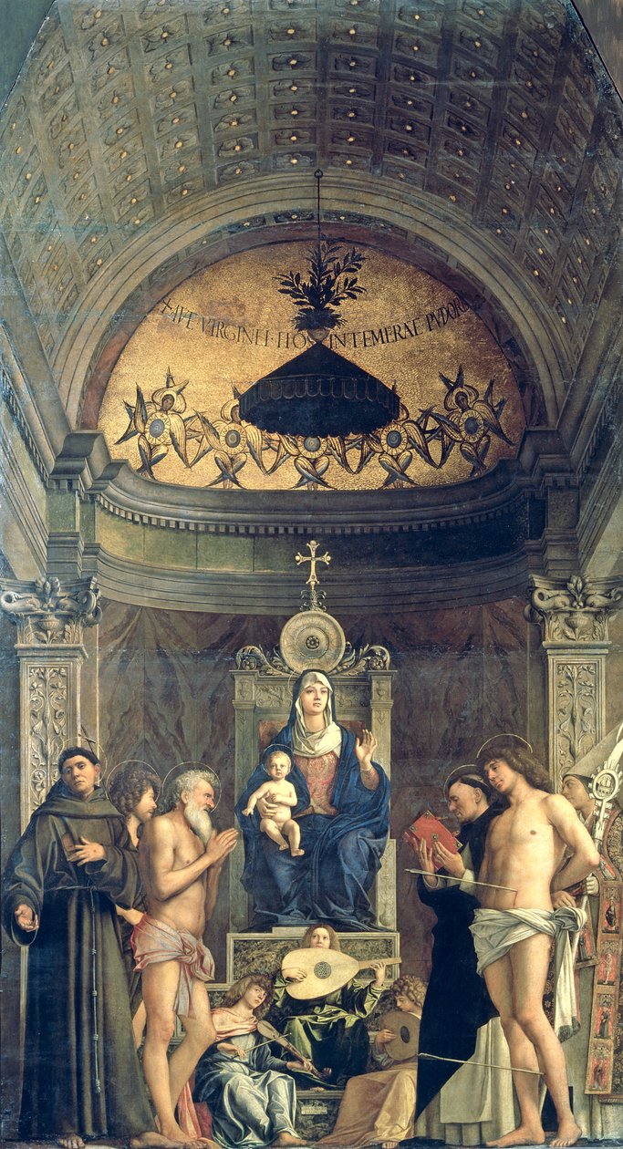 Madonna og barn tronet mellom SS. Francis, døperen Johannes, Job, Dominic, Sebastian og Louis (San Giobbe-altertavlen) ca. 1487 (for detaljer se 61101 og 276359) av Giovanni Bellini