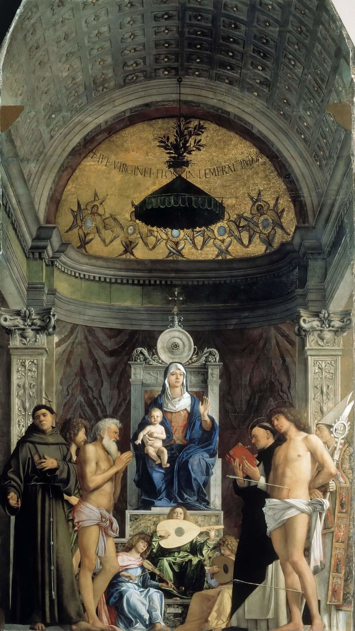 Madonna og barn, musikalske engler og de hellige Frans, døperen Johannes, Job, Dominik..., ca 1487 av Giovanni Bellini