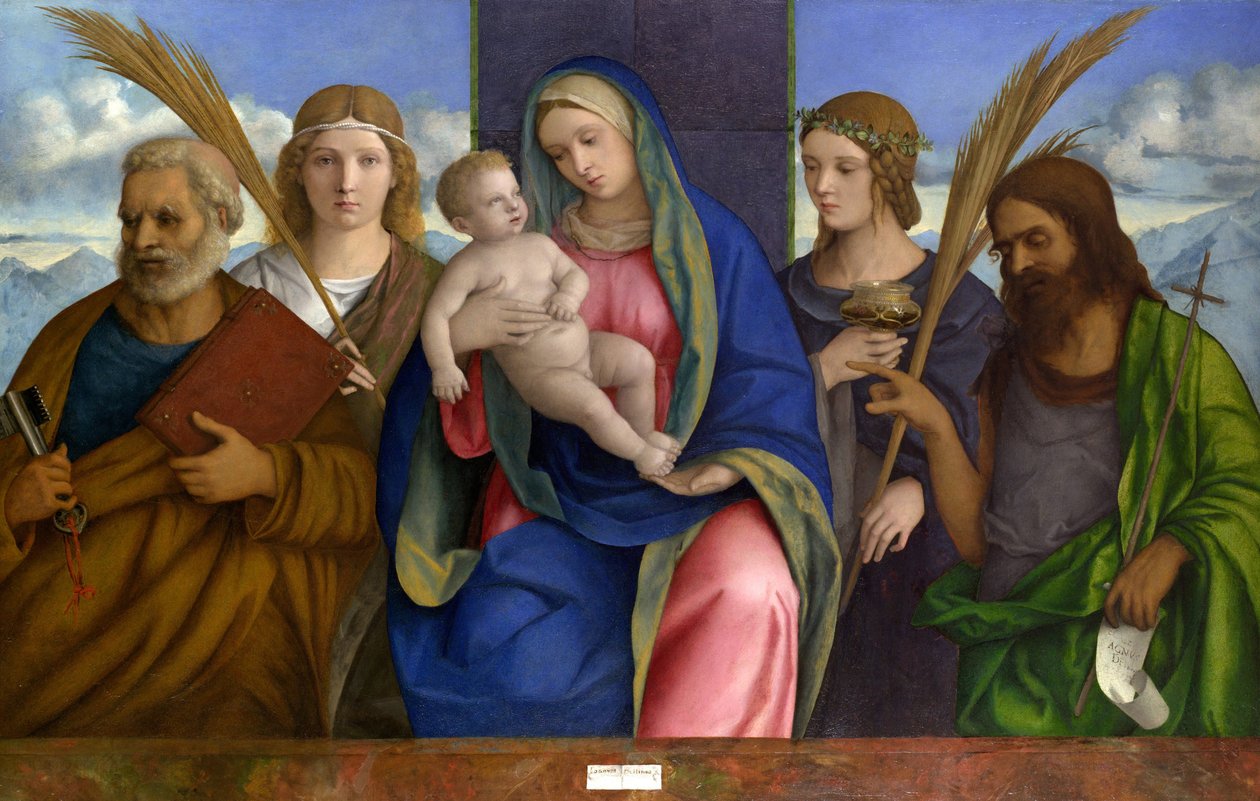 Madonna og barn med hellige. ca. 1500 (tempera og olje på tre) av Giovanni Bellini