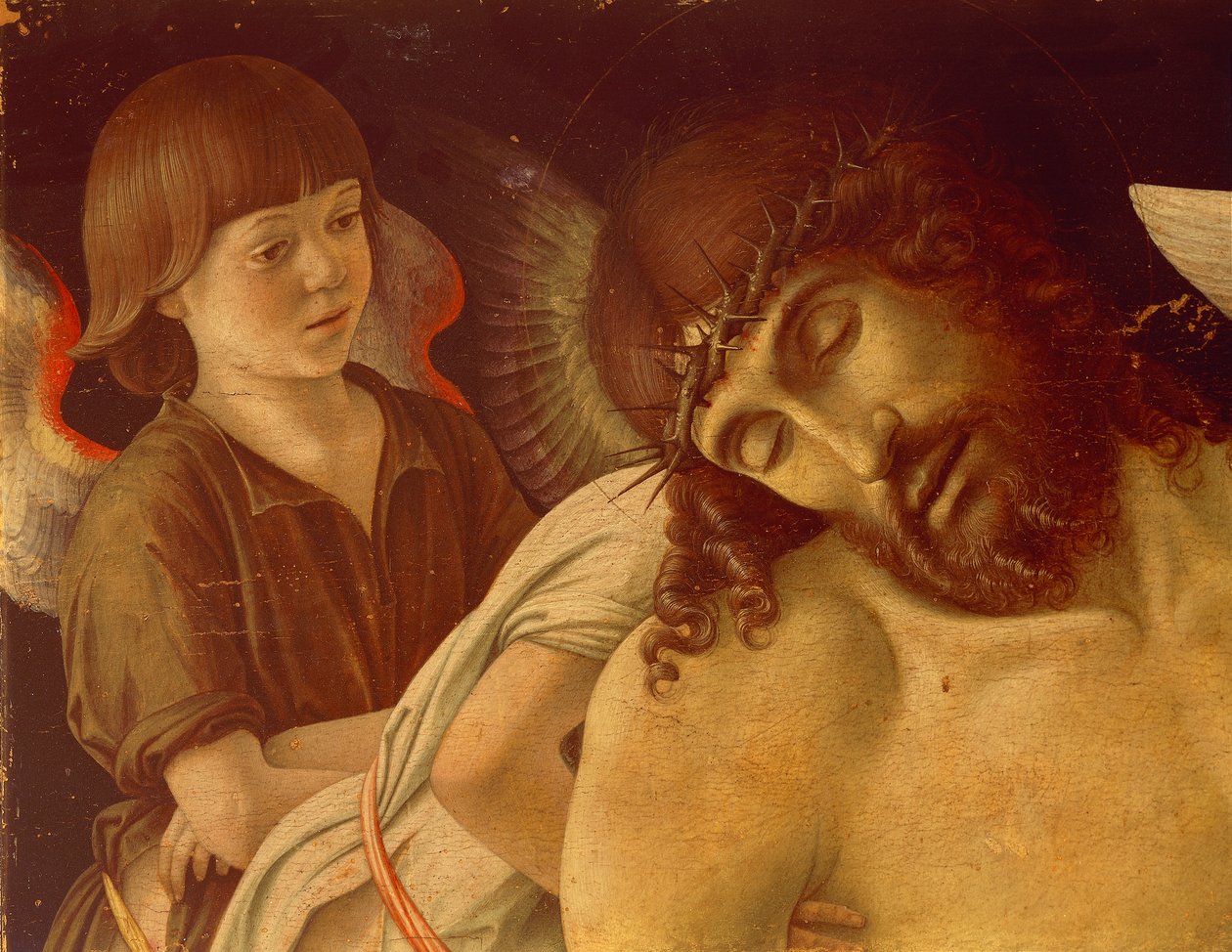 Pieta or Dead Christ Supported by Angels, ca 1474, av Giovanni Bellini (1431-36 - 1516), tempera på panel, 91x131 cm. Detalj. av Giovanni Bellini