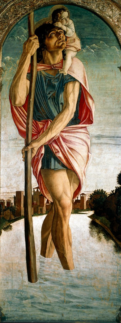 Polyptic of Saint Vincent Ferrier (Vicent Ferrer, Vicente Ferrer) (1350-1419): “” Saint Christopher ”” ”Panel til venstre. Maleri på tre av Giovanni Bellini (ca. 1432-1516) dit il Giambellino 1464-1468 Søn. 167x67 cm Venezia, Santi Giovanni e P-kirken av Giovanni Bellini
