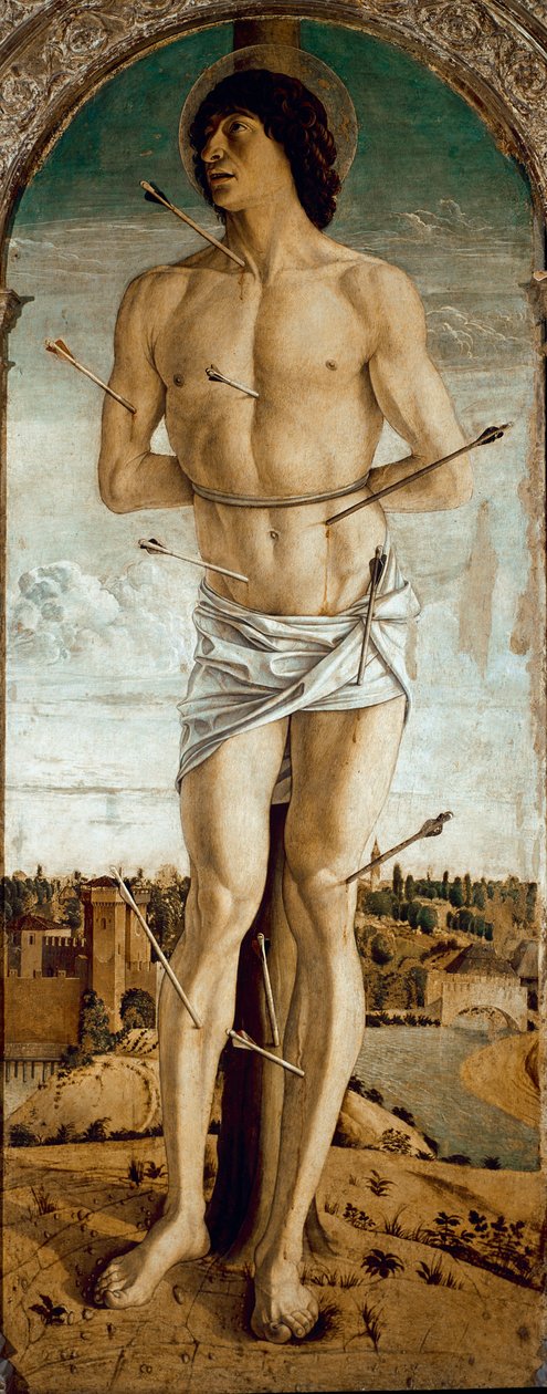 Polyptych of Saint Vincent Ferrier: Saint Sebastian (Polyptych of St Vincent Ferrer: St Sebastian) Maleri av Giovanni Bellini dit il Giambellino (ca. 1432-1516) 1464-1468 Dim 167x67 cm Venezia-kirken Santi Giovanni e Paolo av Giovanni Bellini