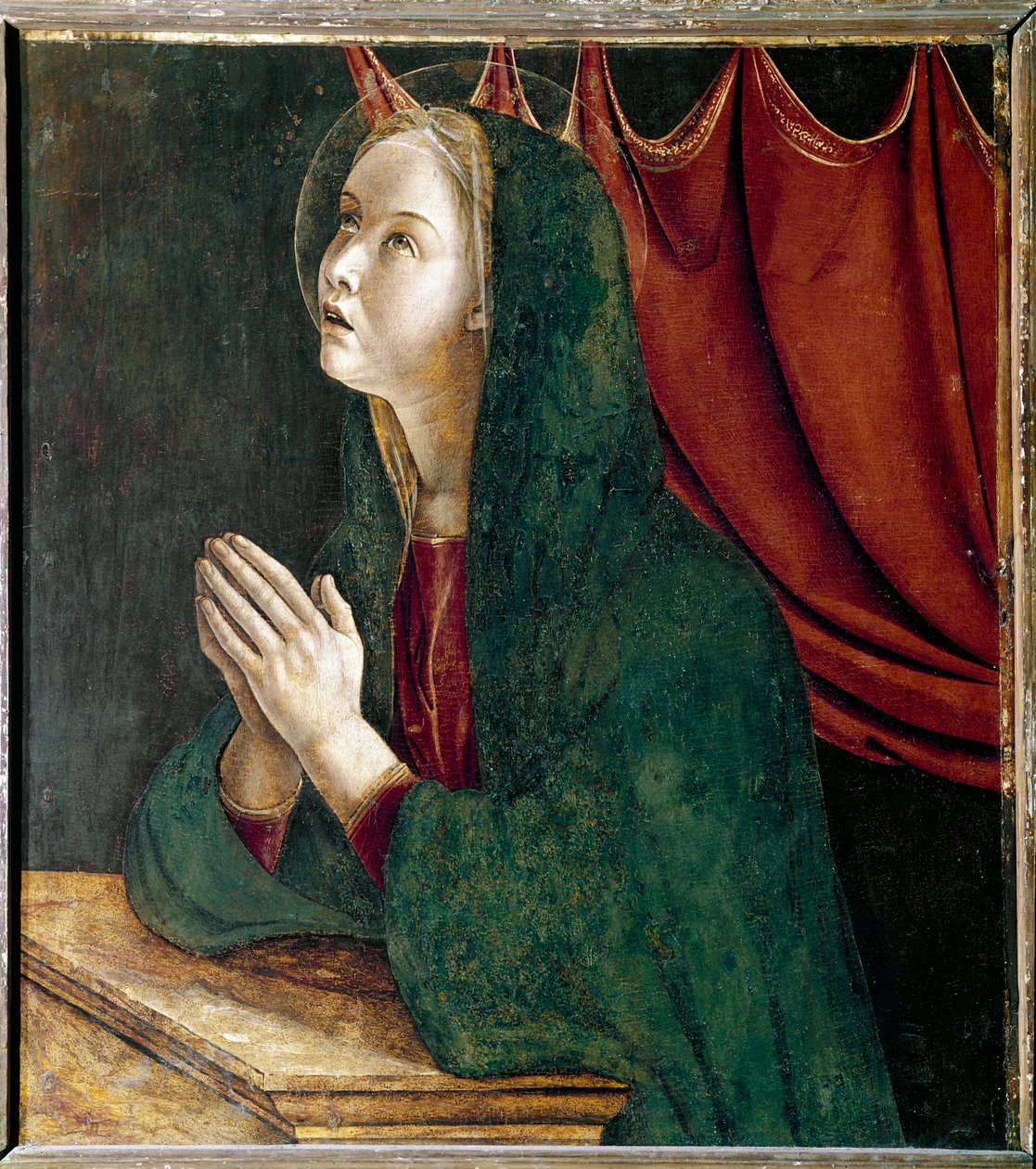 Polyptych of Saint Vincent Ferrier: jomfru av bebudelsen (Polyptych of st Vincent Ferrer: virgin of the annunciation) Maleri av Giovanni Bellini dit il Giambellino (ca. 1432-1516) 1464-1468 Dim 72x67 cm Venezia kirken Santi Giovanni e Paolo Giovanni av Giovanni Bellini