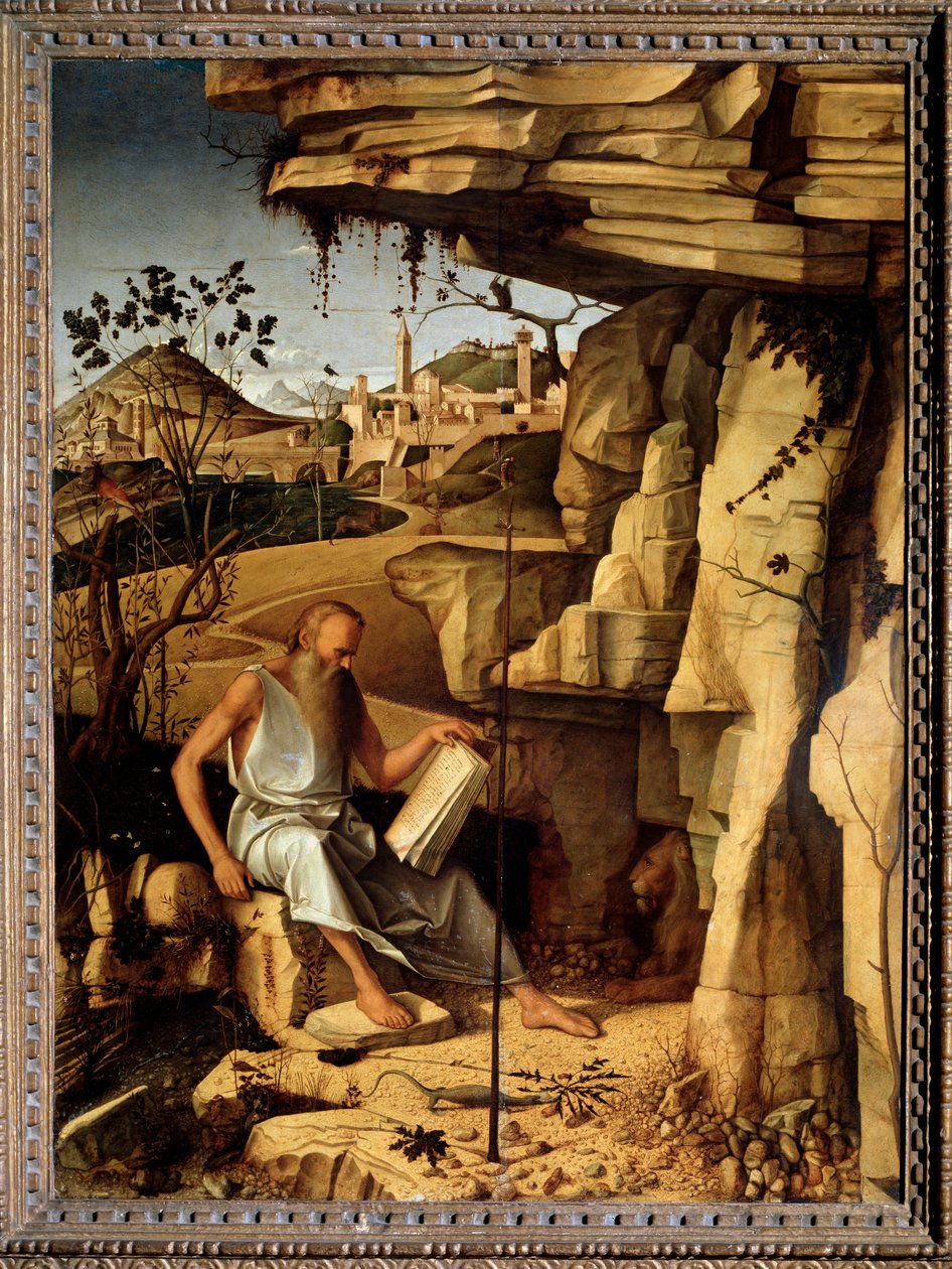 Sankt Hieronymus i ørkenen Maleri av Giovanni Bellini dit il Giambellino (ca. 1430-1516) 1479 Dim 145x114 cm Palazzo Pitti Florence av Giovanni Bellini