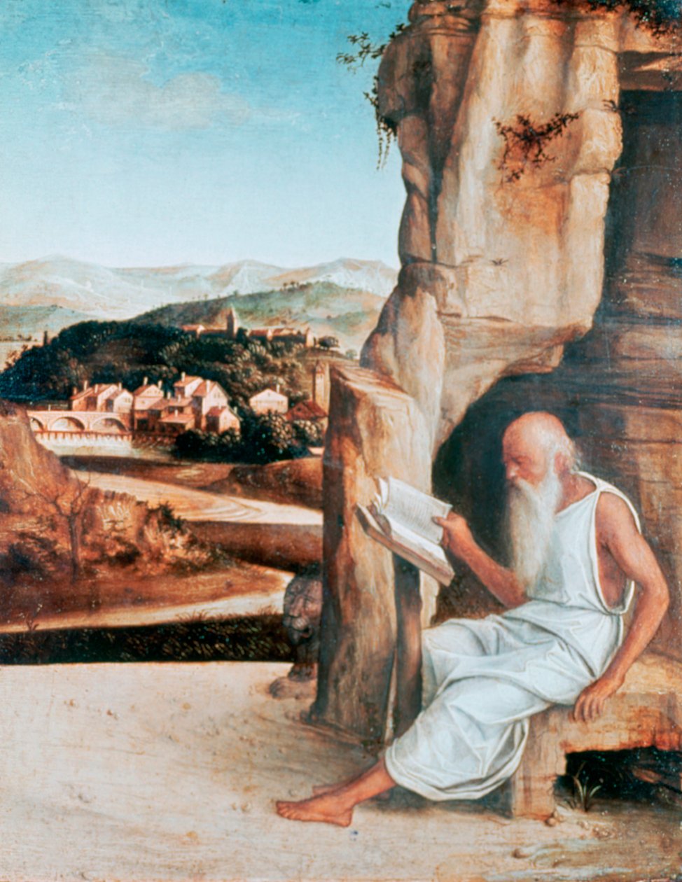St Jerome leser i et landskap, c1450-1516 av Giovanni Bellini