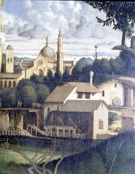Korsfestelsen, detalj av arkitektur i bakgrunnen (se også 87046, 87045, 87090) ca. 1505 (panel) av Giovanni Bellini