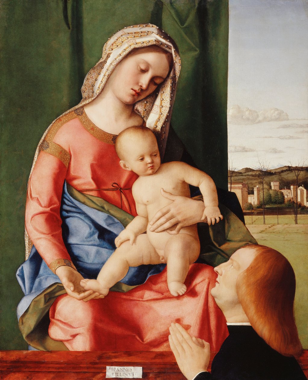 Madonnaen og barnet med en mannlig giver, et landskap bortenfor, av Giovanni Bellini