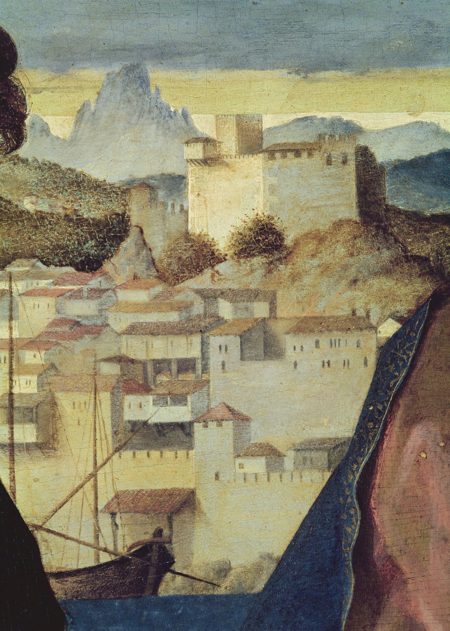 Jomfru og barn mellom døperen Johannes og en kvinnelig helgen, detalj av landskapet bak, ca. 1504 (detalj av 161539) av Giovanni Bellini