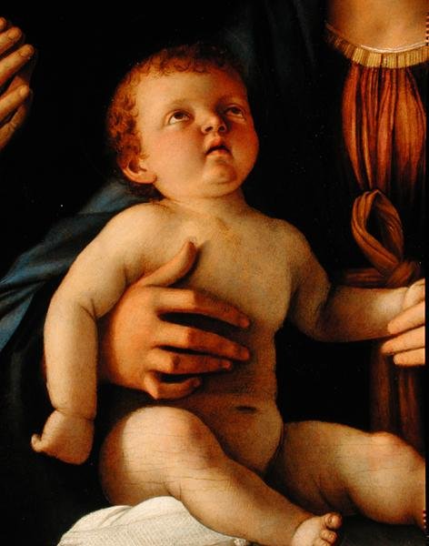 Jomfru og barn med St. Katarina og Maria Magdalena, ca. 1500 (olje på panel) (detalj) av Giovanni Bellini