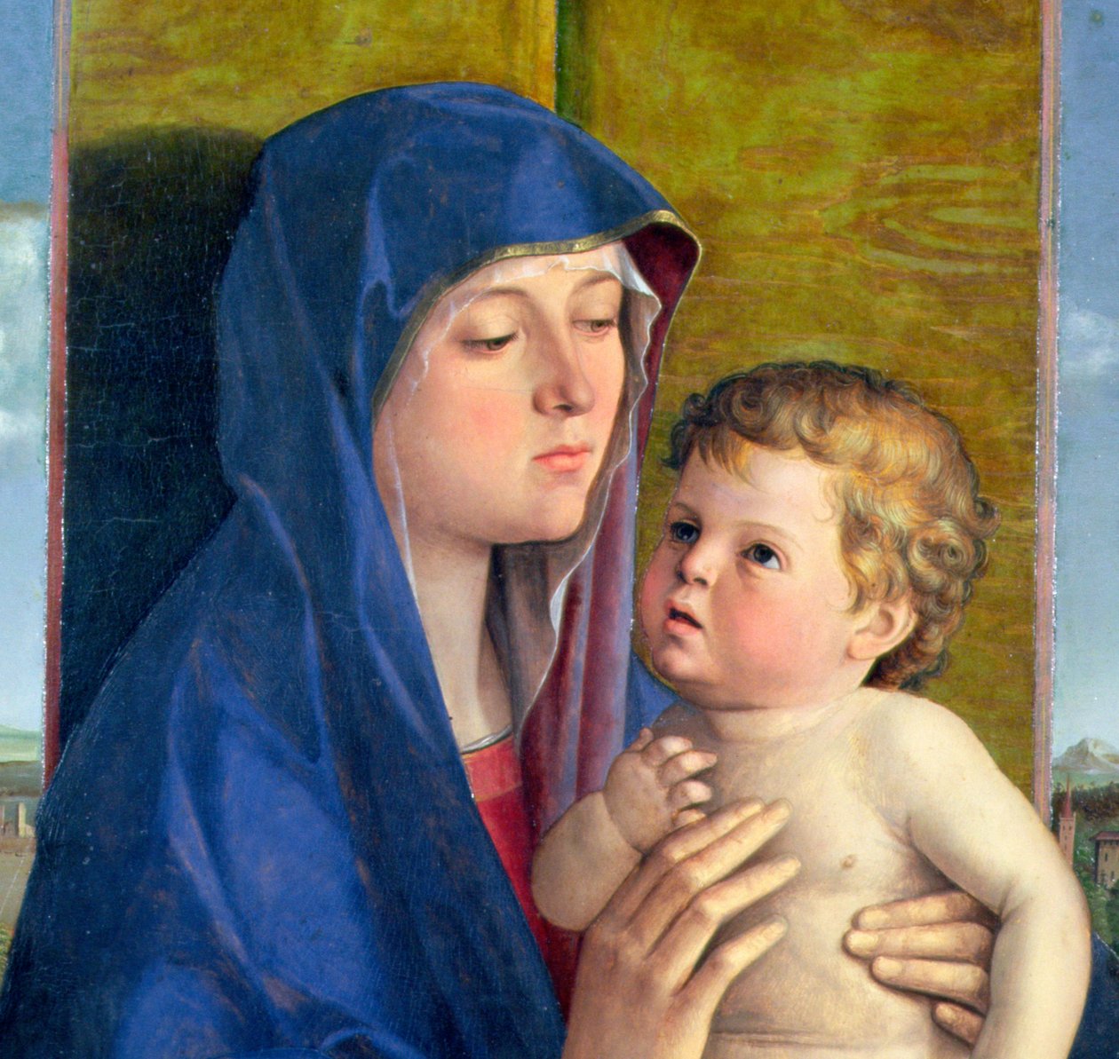 Virgin of the Pear olje på paneldetalj av 76900 av Giovanni Bellini