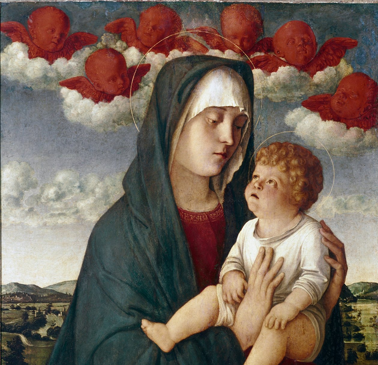 Jomfru med barn og engler. Detalj (tempera på panel av Giovanni Bellini