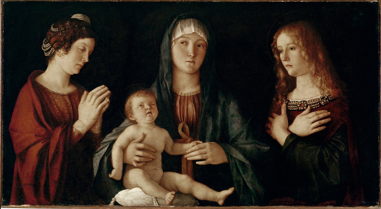Jomfru med barn med den hellige Katarina og den hellige Maria Magdalena (tempera på panel av Giovanni Bellini