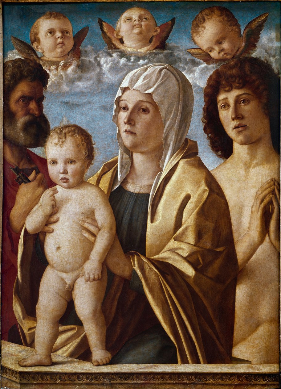 Jomfru med barn med St Peter og St Sebastian (tempera på panel av Giovanni Bellini