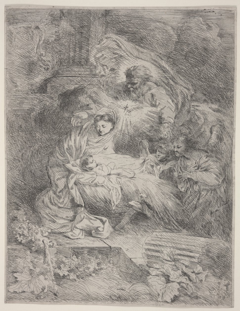 Fødselen med Gud Faderen, Den hellige ånds due og engler, ca. 1645 (radering) av Giovanni Benedetto Castiglione
