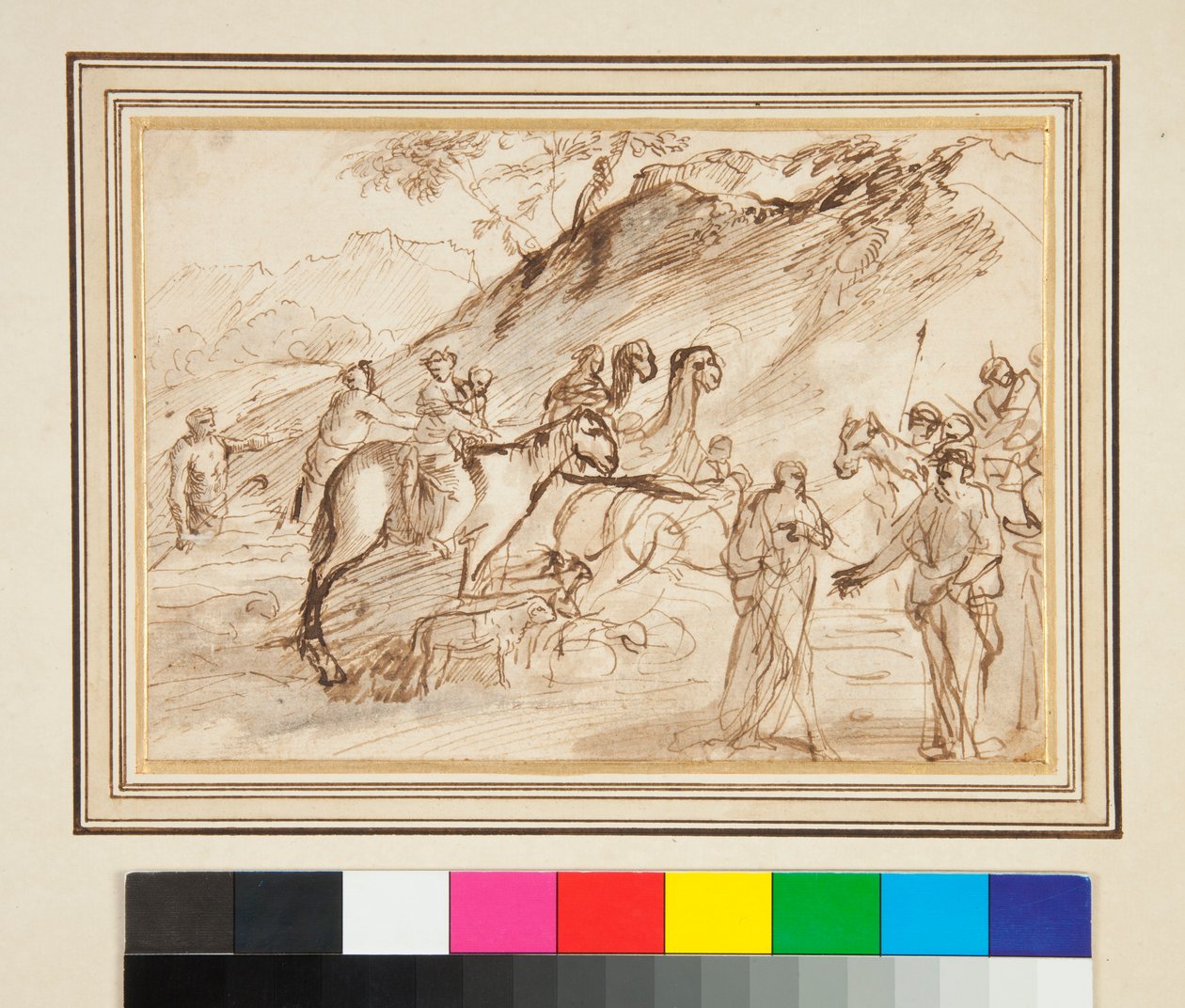 Et møte mellom to menn, hester og kameler i bakgrunnen (penn og brunt blekk og grå vask) av Giovanni Benedetto Castiglione
