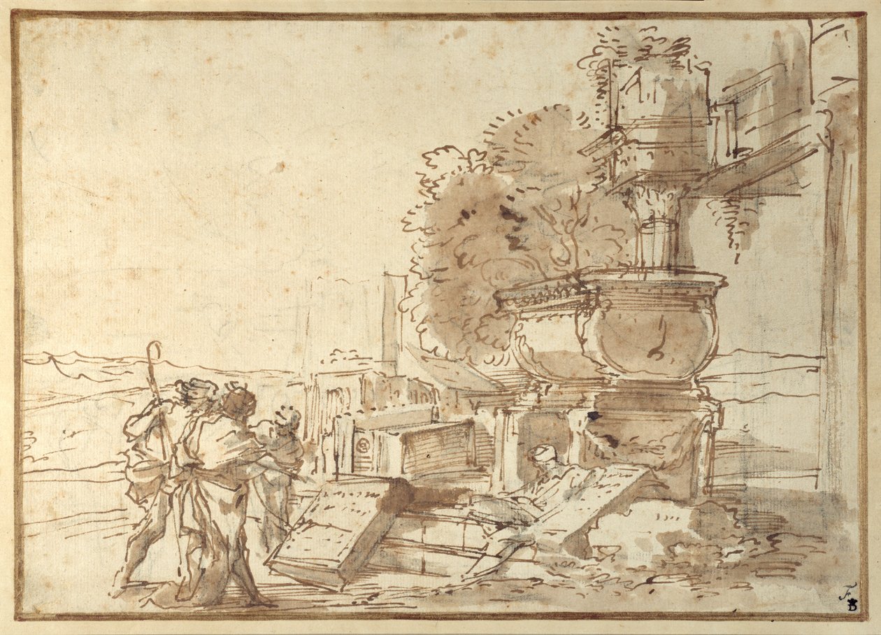 'Et in Arcadia Ego...' (penn og brunt blekk med brun vask over svart kritt på papir) av Giovanni Benedetto Castiglione