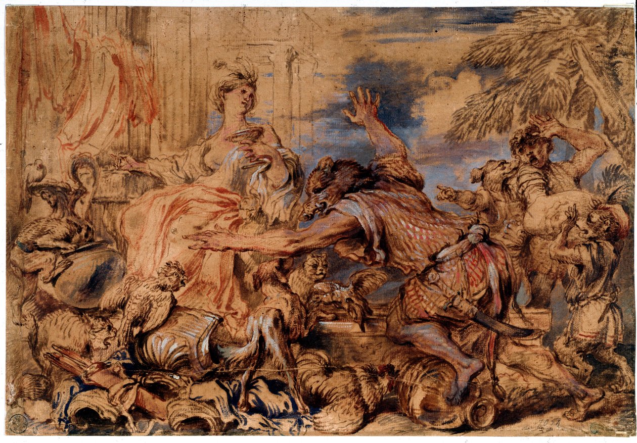 Homer's Odyssey: heksen Circe og Odysseus (Ulysses) sine følgesvenner ble til svin - Tegning av Giovanni Benedetto Castiglione