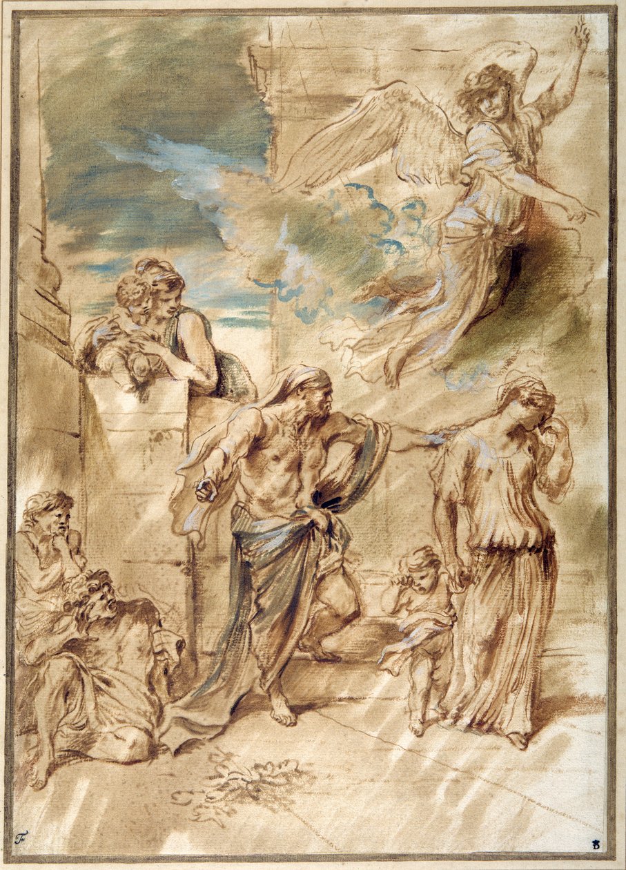 The Expulsion of Hagar (penn og blekk med vask og gouache på papir) av Giovanni Benedetto Castiglione