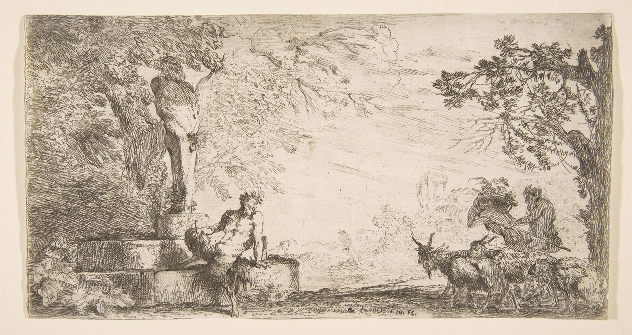 En satyr lenende ved foten av en statue av Priapus, geiter til høyre, ca. 1645-48. av Giovanni Benedetto Castiglione