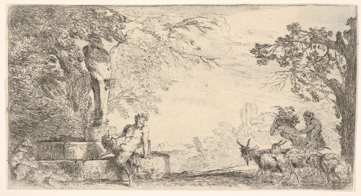 En satyr lenende ved foten av en statue av Priapus, geiter til høyre, ca. 1645-48. av Giovanni Benedetto Castiglione