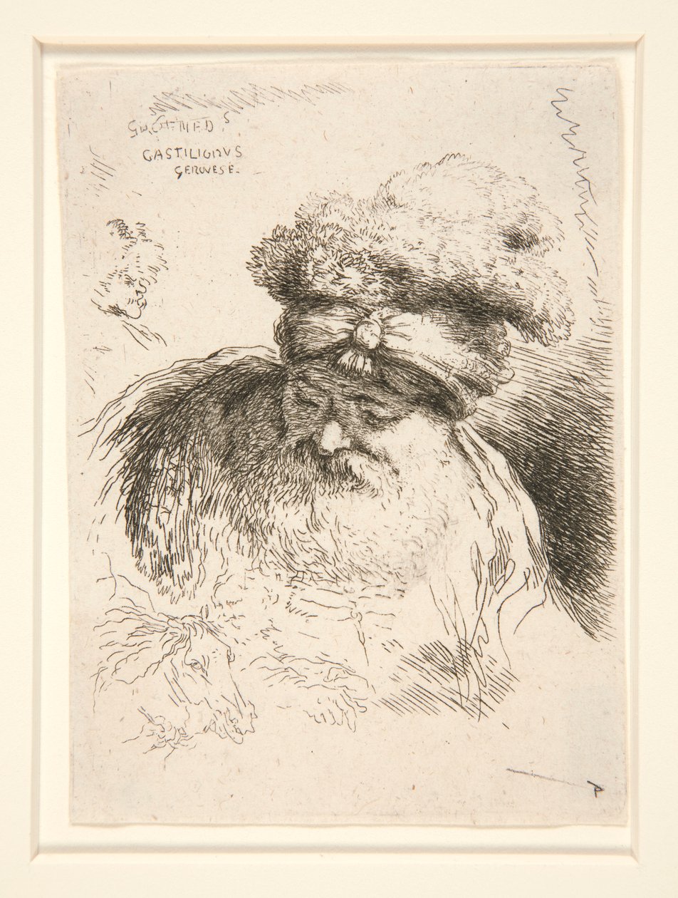 En gammel mann med stort skjegg, sett forfra, hodet og øynene senket, fra serien Les petites tetes d av Giovanni Benedetto Castiglione