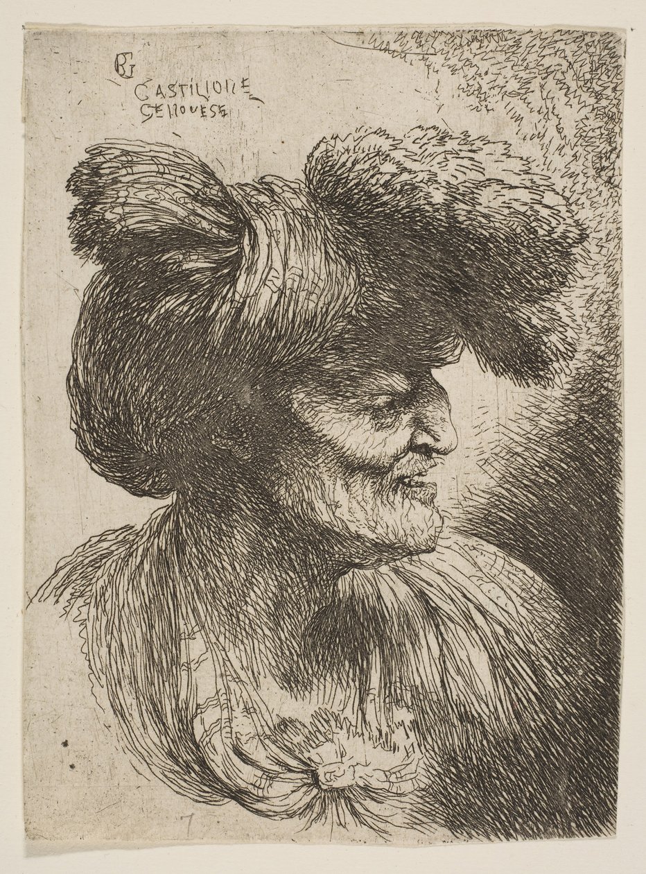 Byste av skjeggløs gammel mann i profil mot høyre, fra serien Small Head..., ca. 1645-1650. av Giovanni Benedetto Castiglione