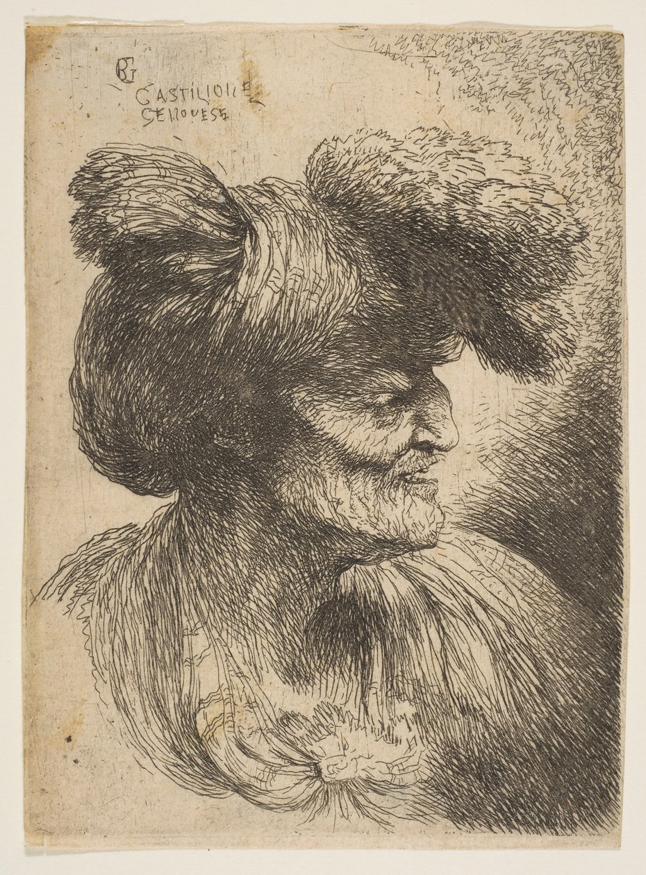 Byste av skjeggløs gammel mann i profil vendt mot høyre, fra serien Small Heads ..., ca. 1645-50. av Giovanni Benedetto Castiglione